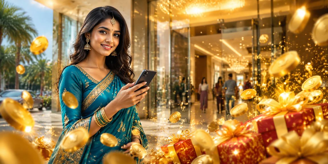 Player enjoying Rummy game on mobile device in traditional Indian attire