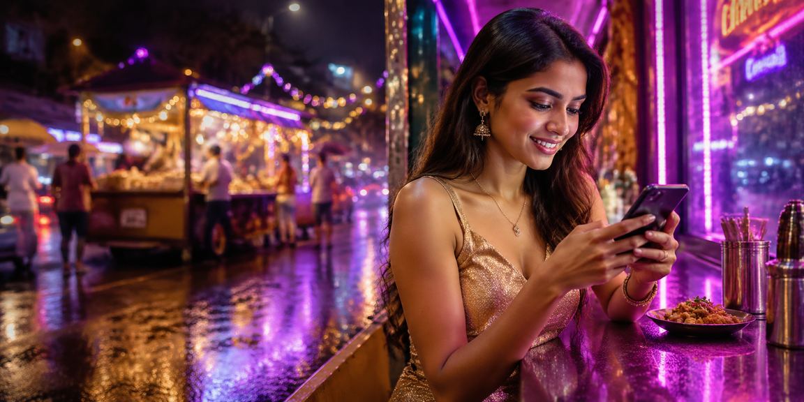 Young woman purchasing lottery tickets on mobile phone in Mumbai market